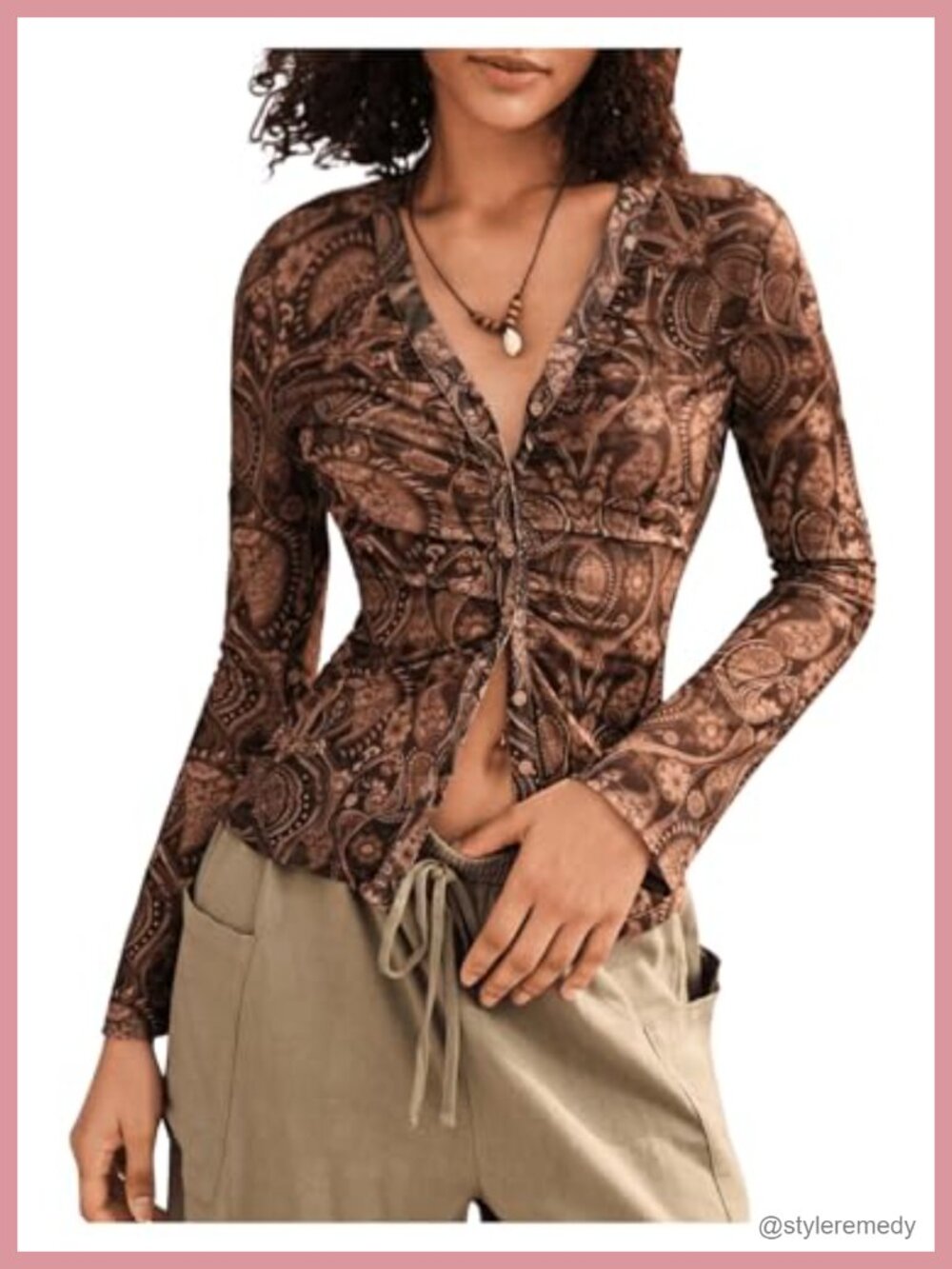 SweatyRocks Women's Y2K Paisley Button Down Long Sleeve Slim Fit Top